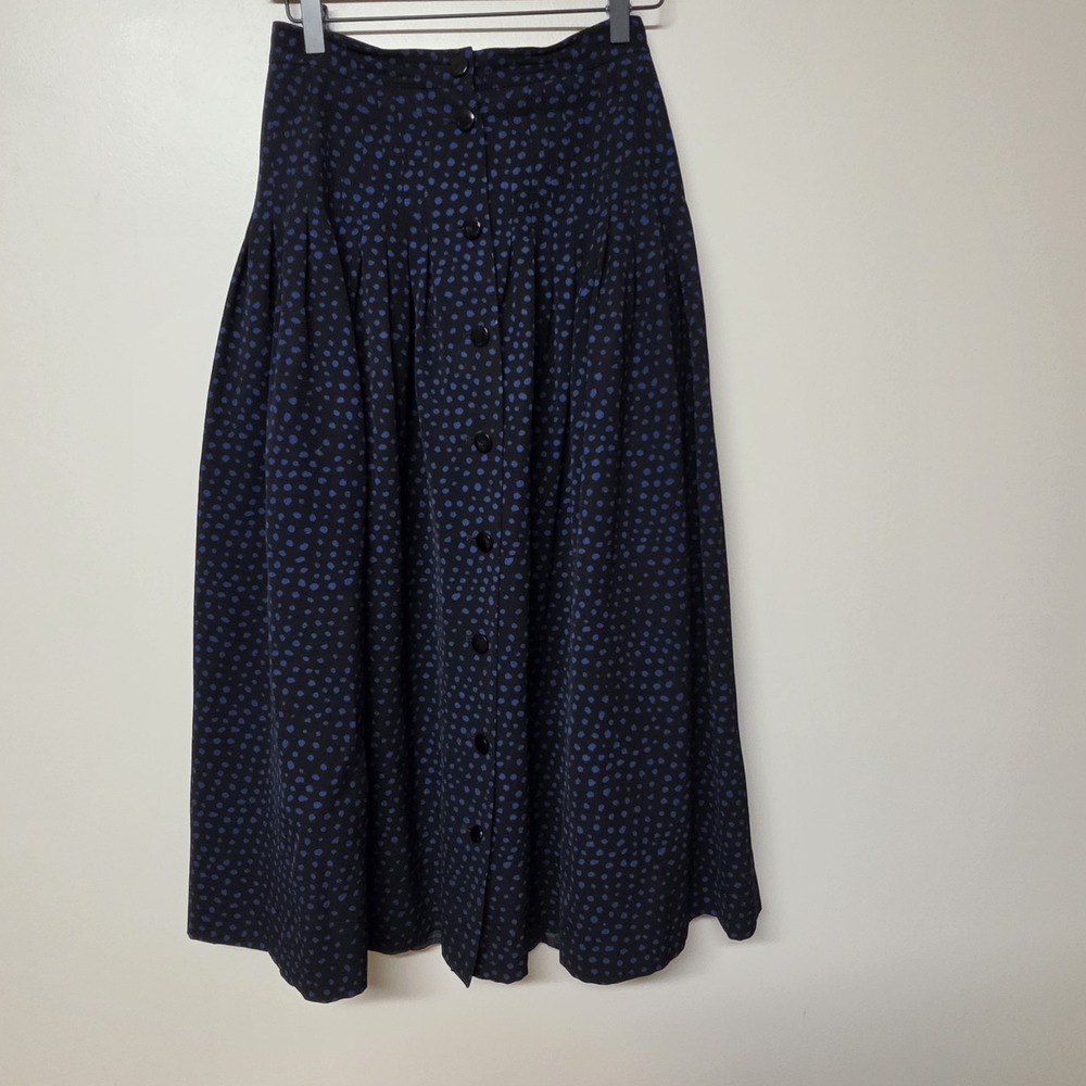 Valentino Vintage A-Line Skirt IT 40 Black Blue Polka Dot Pleated Button Front
